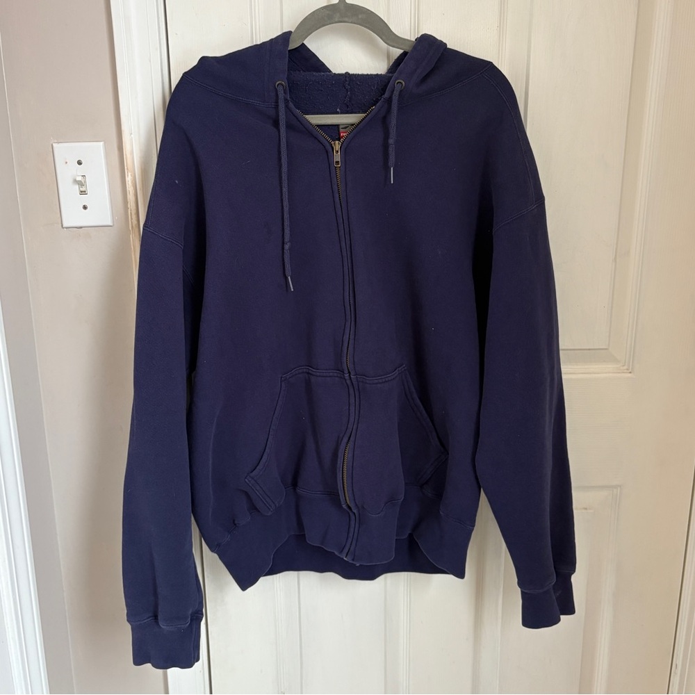 Prospirit Vintage Zip Up Hooded Sweatshirt in Navy with Pockets